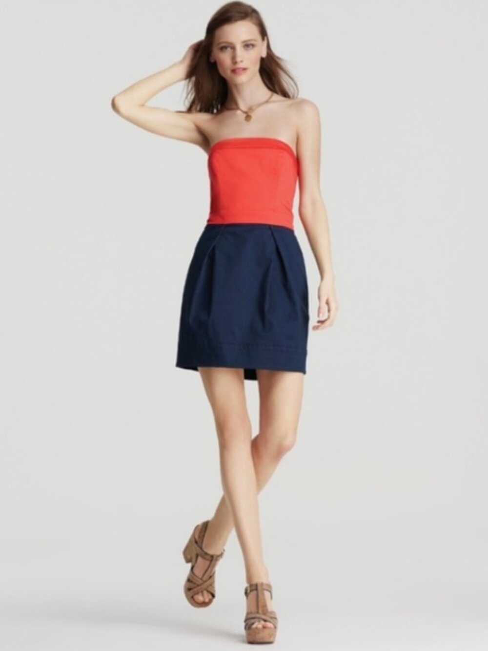 French Connection Colorblock Strapless Dress Coral Navy Size 6